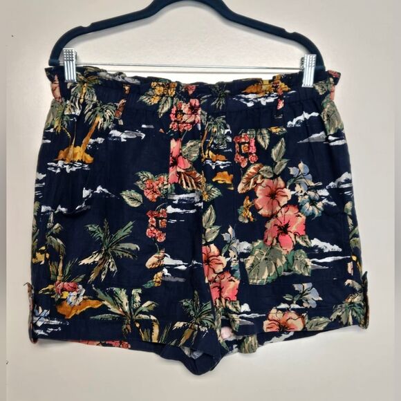 Time & True Linen Rayon Blend Hawaiian Print High-Waist Shorts Sz L - Picture 2 of 6